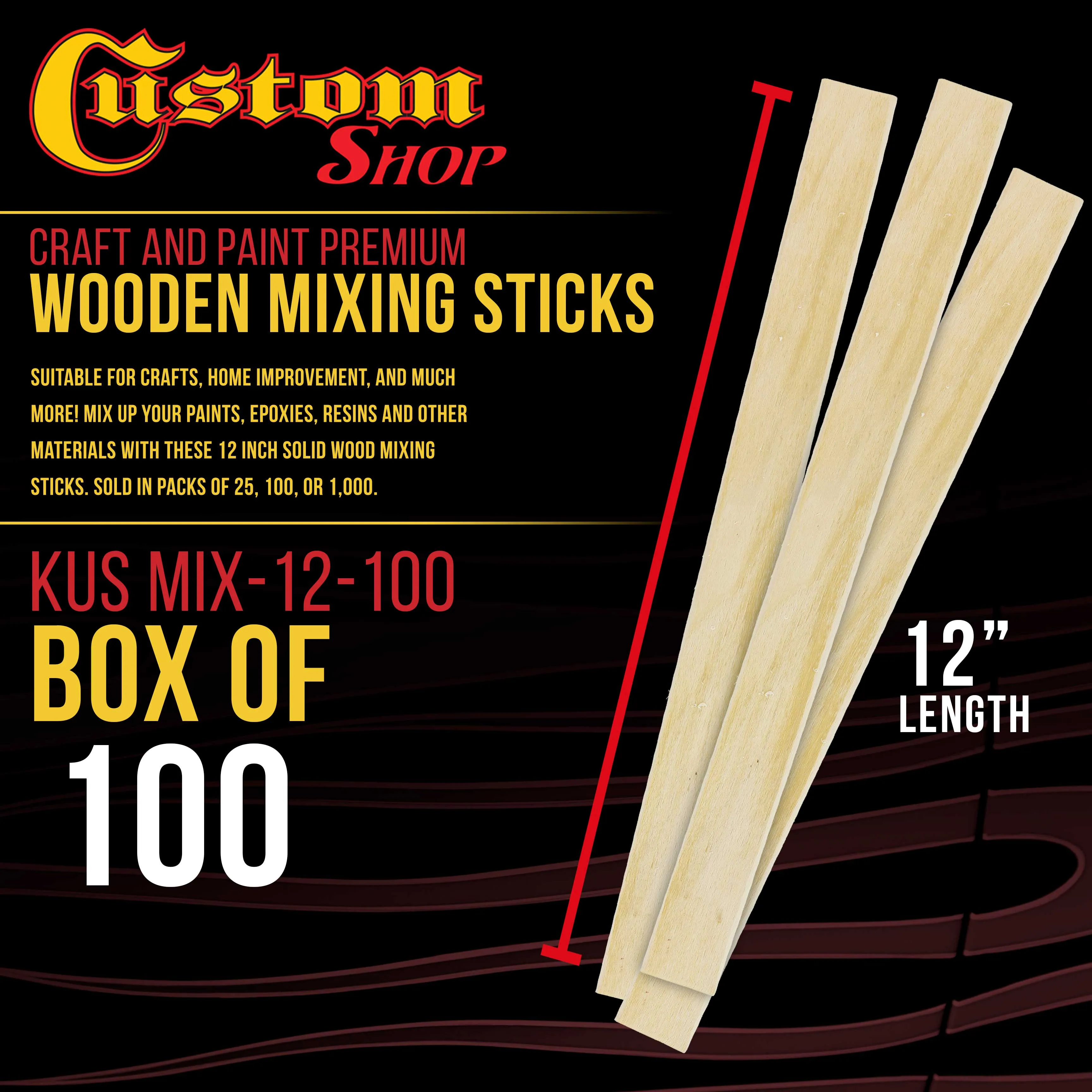 100 Craft & Paint Sticks - 12" Inch Premium Grade Wood Stirrers / Paddles - Use For Wood Crafts - Paddle To Mix Epoxy Resin Or Paint - Mixing Sticks