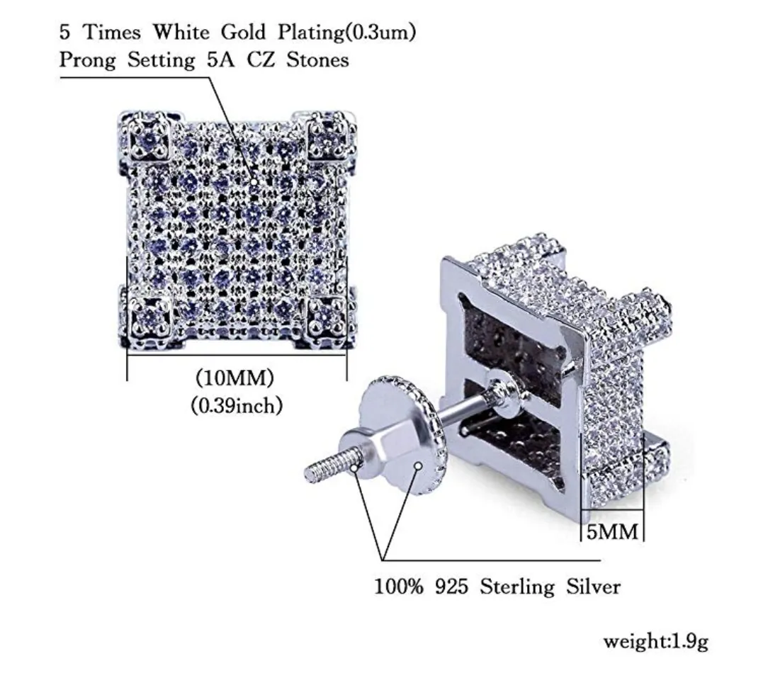 10mm 925 Sterling Silver Gold Big Square Box Diamond Earrings Hip Hop Mens Screw Back Earrings Iced Out