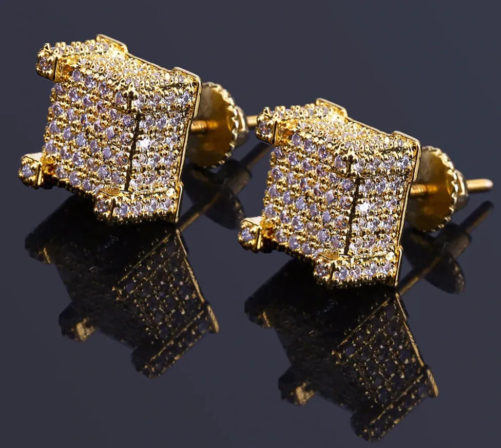 10mm 925 Sterling Silver Gold Big Square Box Diamond Earrings Hip Hop Mens Screw Back Earrings Iced Out