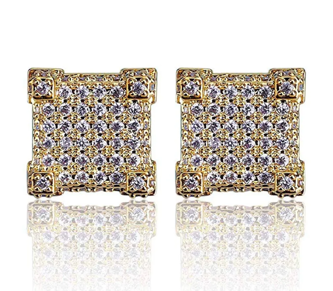 10mm 925 Sterling Silver Gold Big Square Box Diamond Earrings Hip Hop Mens Screw Back Earrings Iced Out