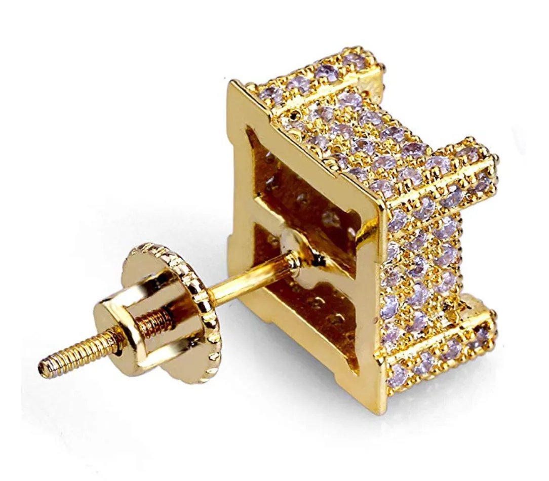 10mm 925 Sterling Silver Gold Big Square Box Diamond Earrings Hip Hop Mens Screw Back Earrings Iced Out