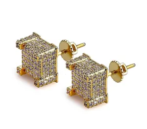 10mm 925 Sterling Silver Gold Big Square Box Diamond Earrings Hip Hop Mens Screw Back Earrings Iced Out