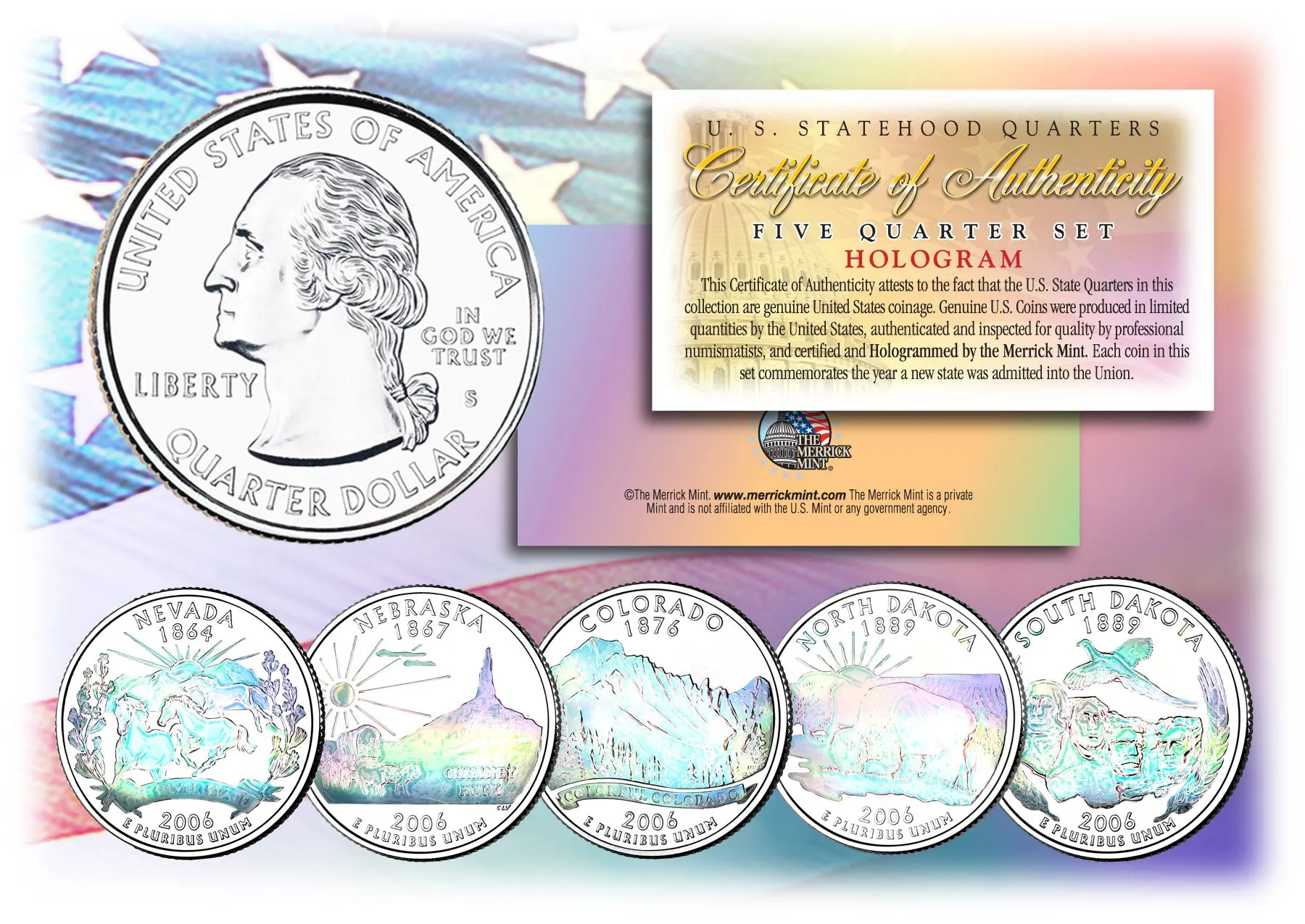 2006 US Statehood Quarters HOLOGRAM - 5-Coin Complete Set - with Capsules & COA