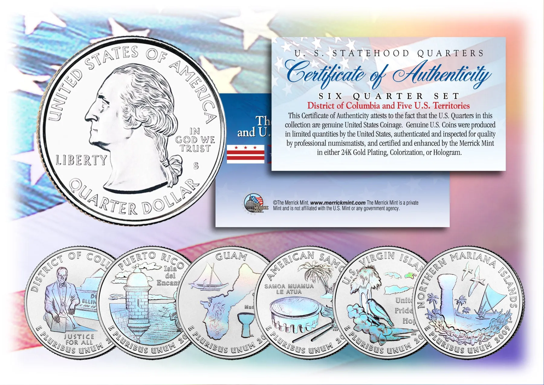 2009 DC & US TERRITORIES Quarters HOLOGRAM - 6-Coin Complete Set - with Capsules & COA