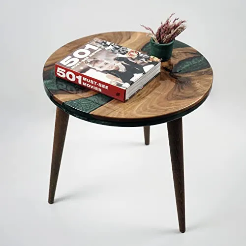 20" Resin Walnut Round Side Table | Epoxy End Table | Coffee Table | Mid Century Modern Resin Walnut | Living Room Furniture | Green Color