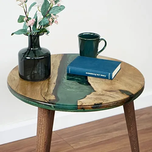 20" Resin Walnut Round Side Table | Epoxy End Table | Coffee Table | Mid Century Modern Resin Walnut | Living Room Furniture | Green Color