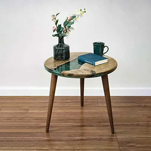 20" Resin Walnut Round Side Table | Epoxy End Table | Coffee Table | Mid Century Modern Resin Walnut | Living Room Furniture | Green Color