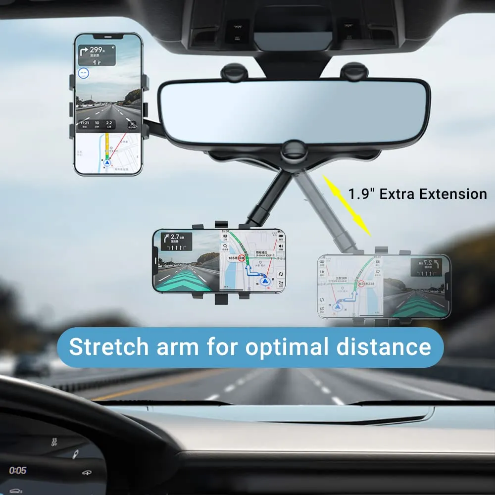 360 Degree Rotatable Retractable Car Phone Holder for Rear View Mirror - Universal Smartphone Mount for Safe Driving