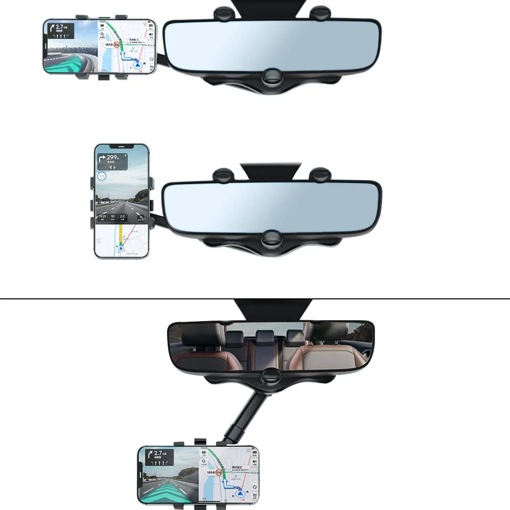 360 Degree Rotatable Retractable Car Phone Holder for Rear View Mirror - Universal Smartphone Mount for Safe Driving