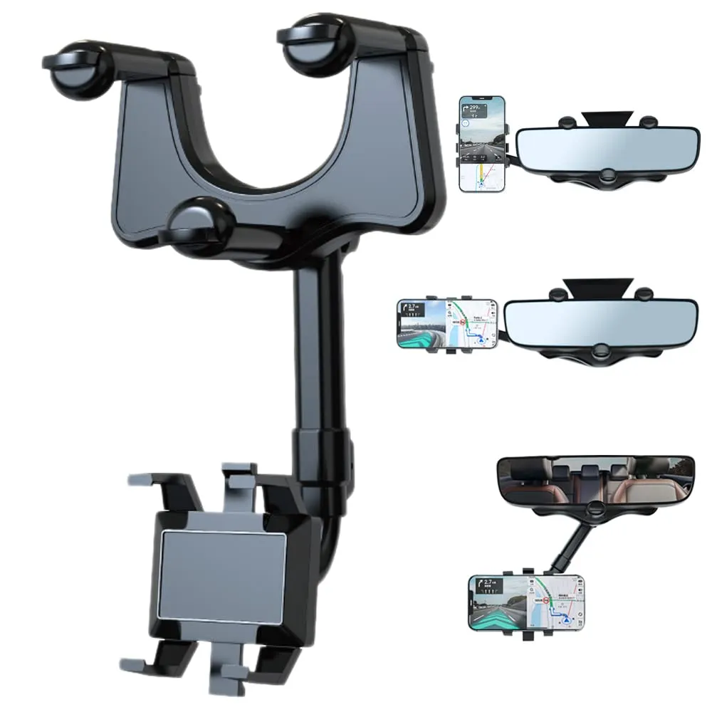 360 Degree Rotatable Retractable Car Phone Holder for Rear View Mirror - Universal Smartphone Mount for Safe Driving