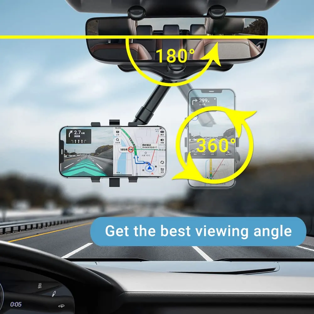 360 Degree Rotatable Retractable Car Phone Holder for Rear View Mirror - Universal Smartphone Mount for Safe Driving