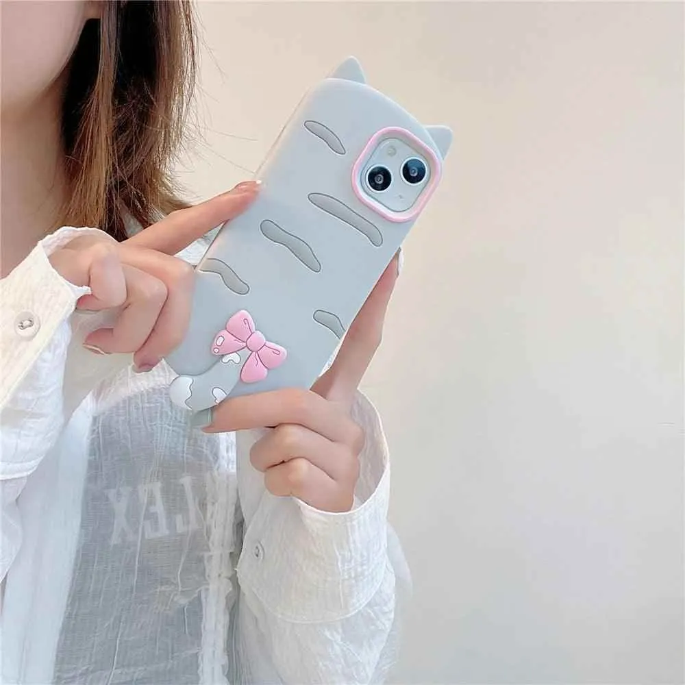 3D Cartoon Bowknot Cat - Cute Phone Cases For iPhone 15, 14 Plus, 13, 12, 11 Pro Max