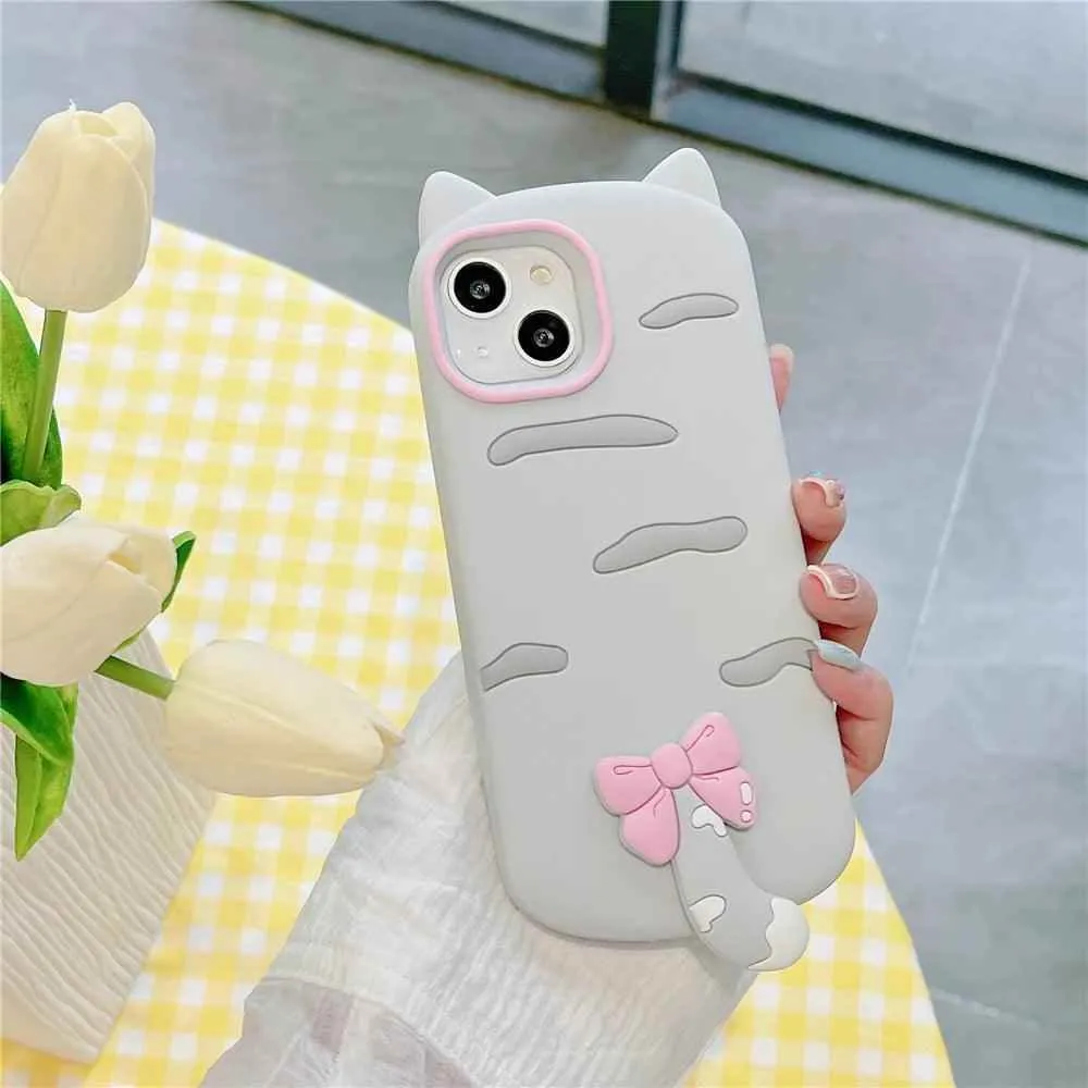 3D Cartoon Bowknot Cat - Cute Phone Cases For iPhone 15, 14 Plus, 13, 12, 11 Pro Max