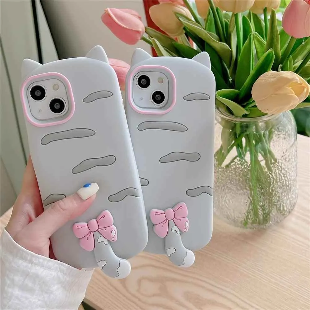 3D Cartoon Bowknot Cat - Cute Phone Cases For iPhone 15, 14 Plus, 13, 12, 11 Pro Max