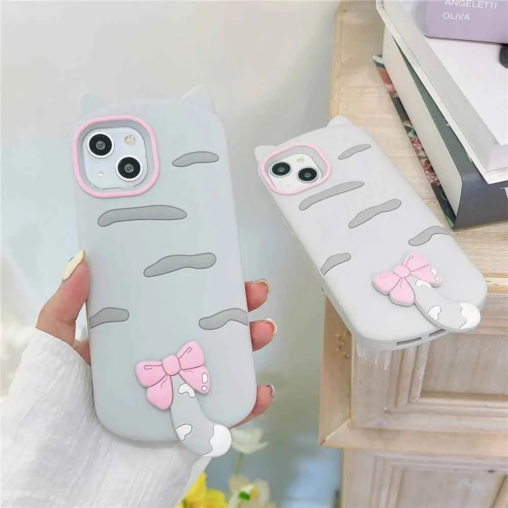 3D Cartoon Bowknot Cat - Cute Phone Cases For iPhone 15, 14 Plus, 13, 12, 11 Pro Max