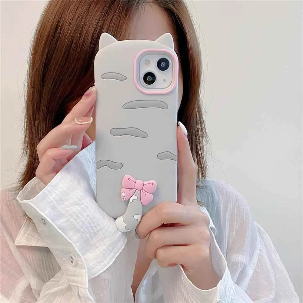 3D Cartoon Bowknot Cat - Cute Phone Cases For iPhone 15, 14 Plus, 13, 12, 11 Pro Max