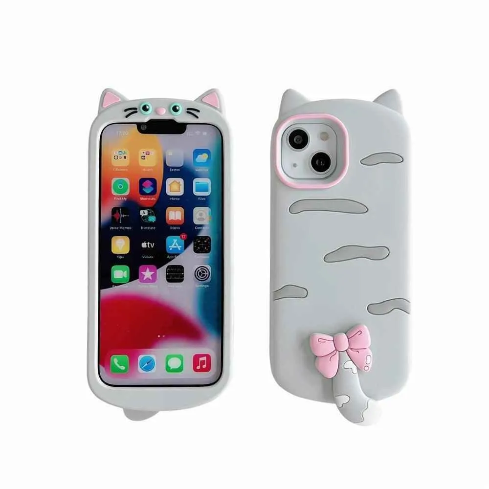 3D Cartoon Bowknot Cat - Cute Phone Cases For iPhone 15, 14 Plus, 13, 12, 11 Pro Max