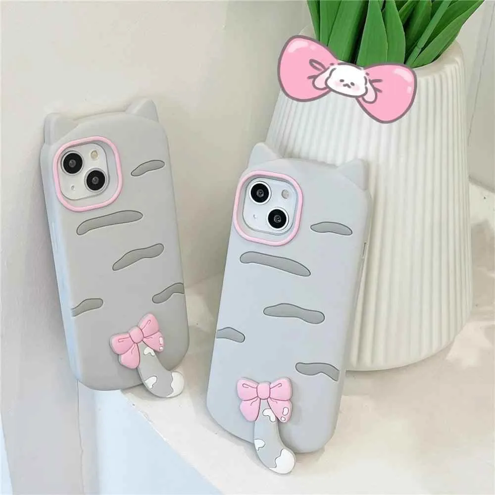 3D Cartoon Bowknot Cat - Cute Phone Cases For iPhone 15, 14 Plus, 13, 12, 11 Pro Max