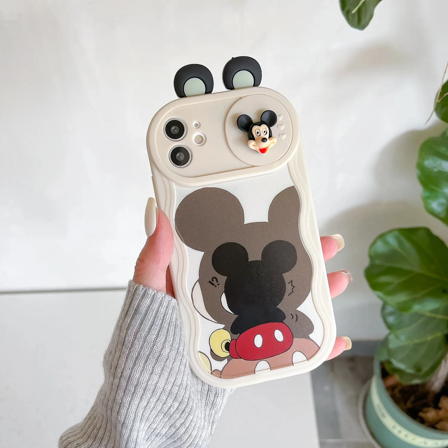 3D Ears Cartoon Sliding Camera Case | Stitch, Mickey, Minnie, Winnie Bear Design for iPhone 11-16 Pro Max, XR, XS, and More