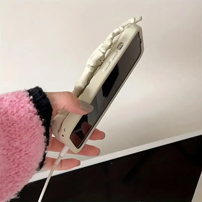 3D Skeleton Hand Holder Silicone Back Cover For Apple iPhone 15