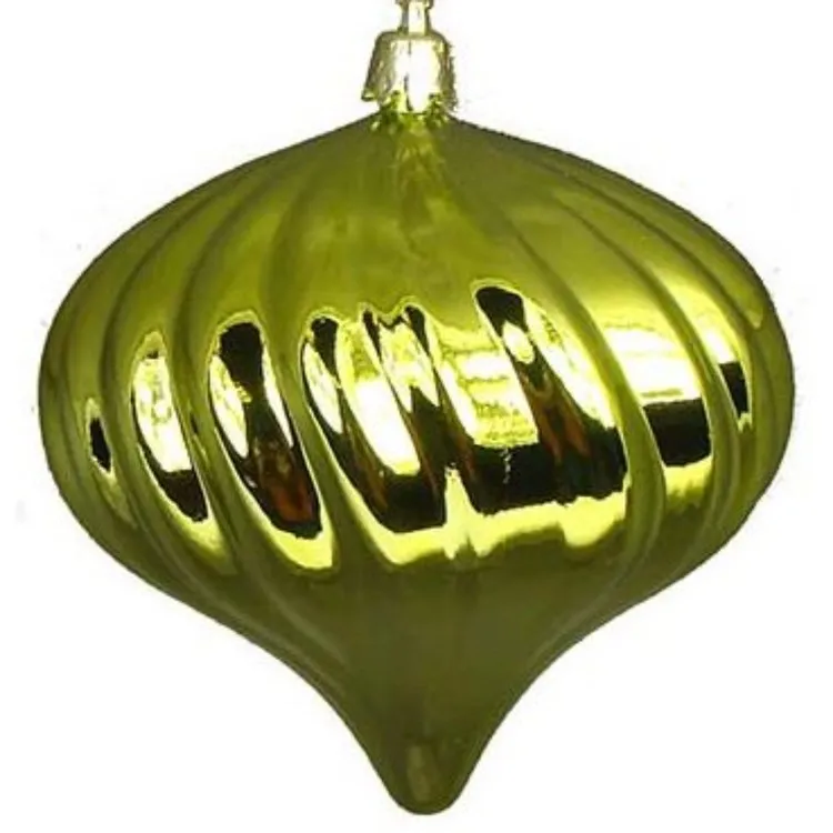 4" Kiwi Green Shatterproof Shiny Swirl Onion Drop Christmas Ornaments Set of 4