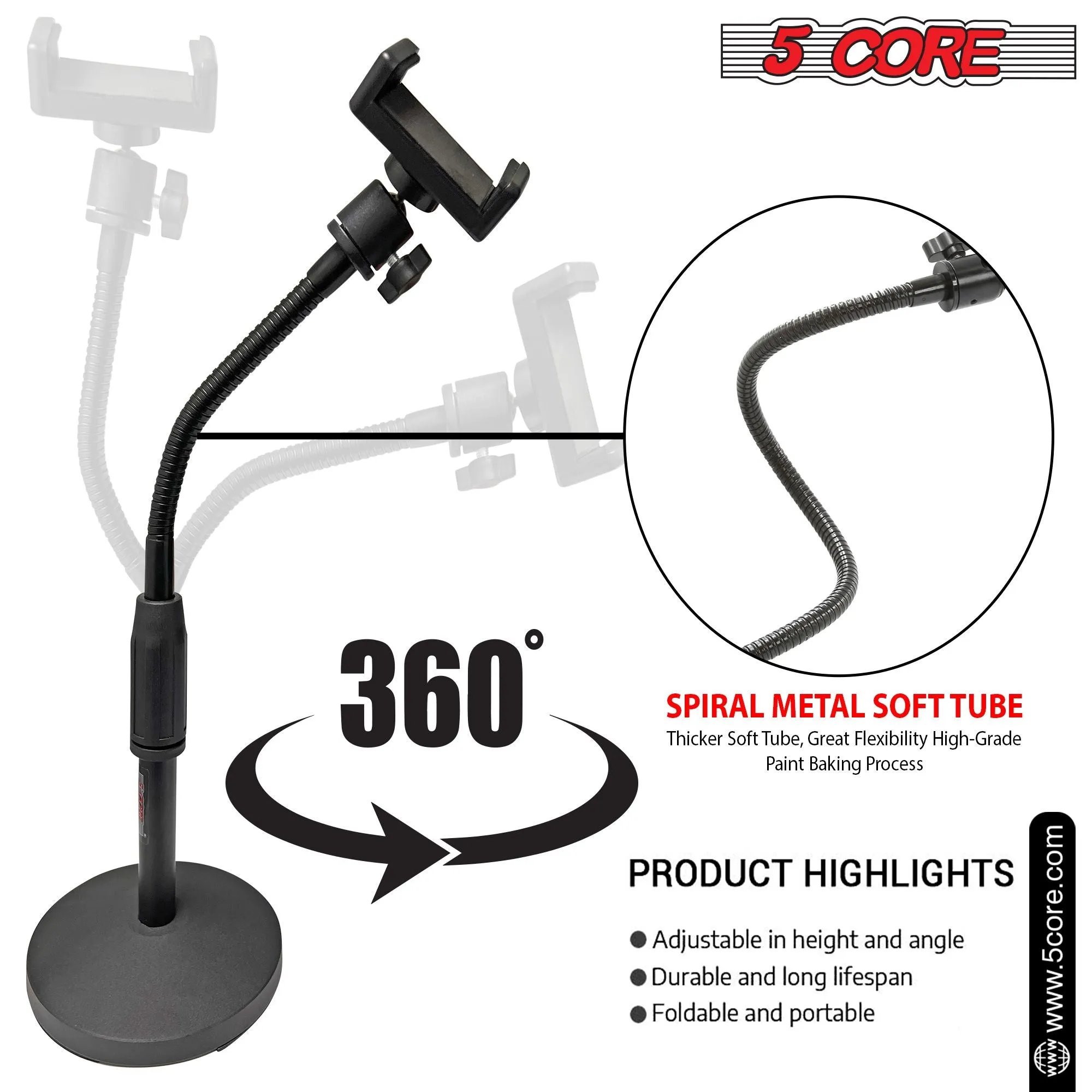 5 Core Gooseneck Phone Holder Stand for Desk Table Flexible Arm with Anti-Skid Round Base, Cell Phones Mount Clamp Compatible with All Smart Phones RBS MOB