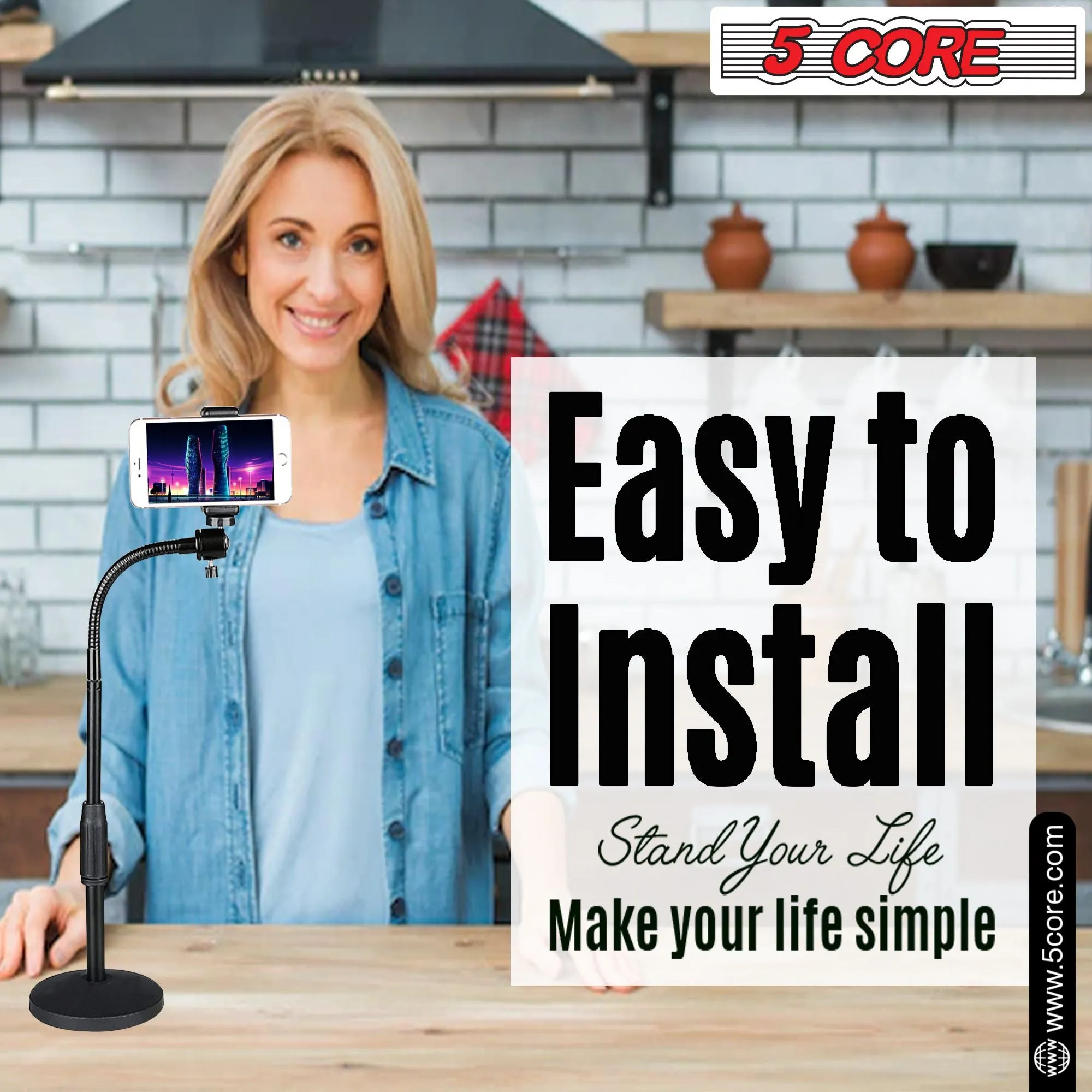 5 Core Gooseneck Phone Holder Stand for Desk Table Flexible Arm with Anti-Skid Round Base, Cell Phones Mount Clamp Compatible with All Smart Phones RBS MOB