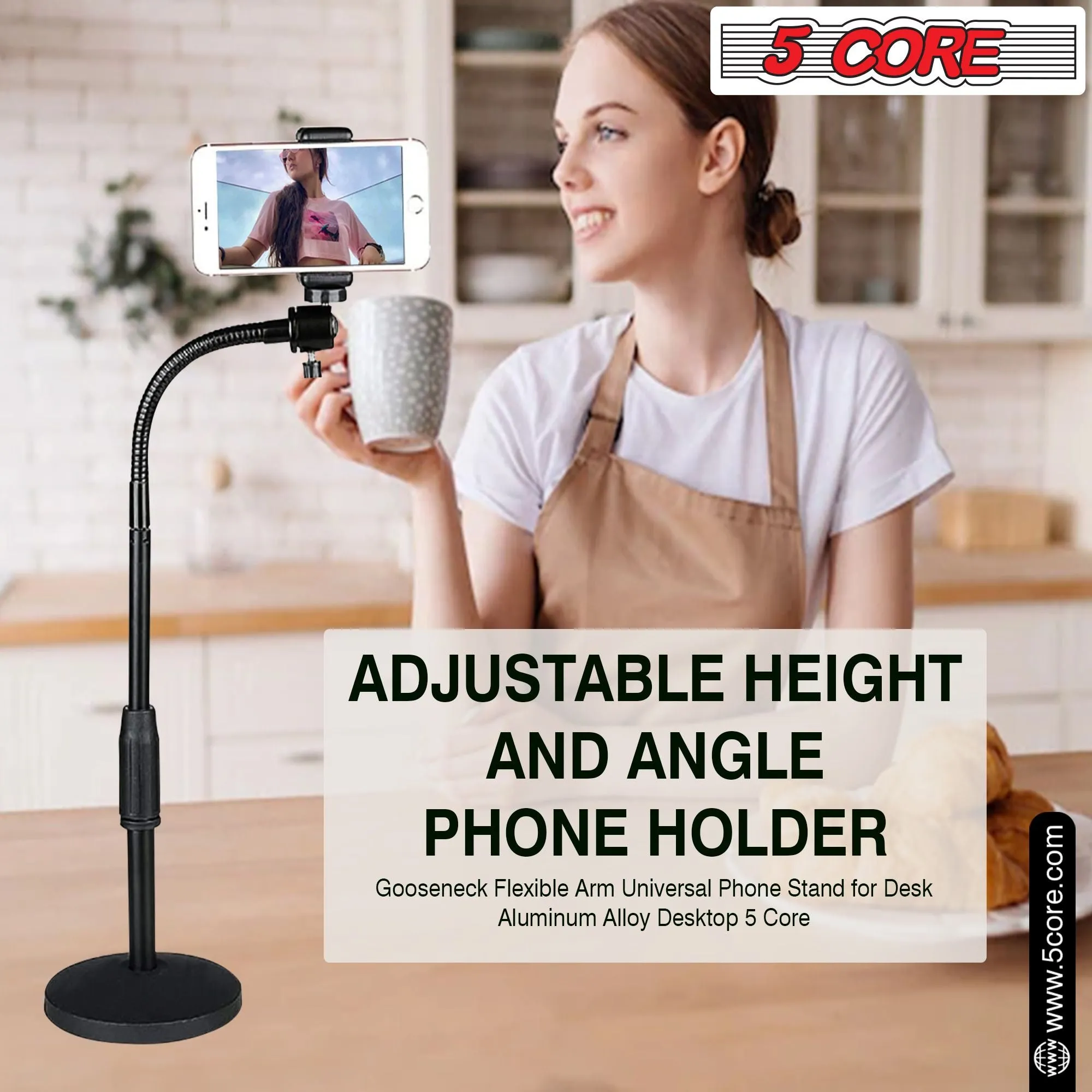 5 Core Gooseneck Phone Holder Stand for Desk Table Flexible Arm with Anti-Skid Round Base, Cell Phones Mount Clamp Compatible with All Smart Phones RBS MOB