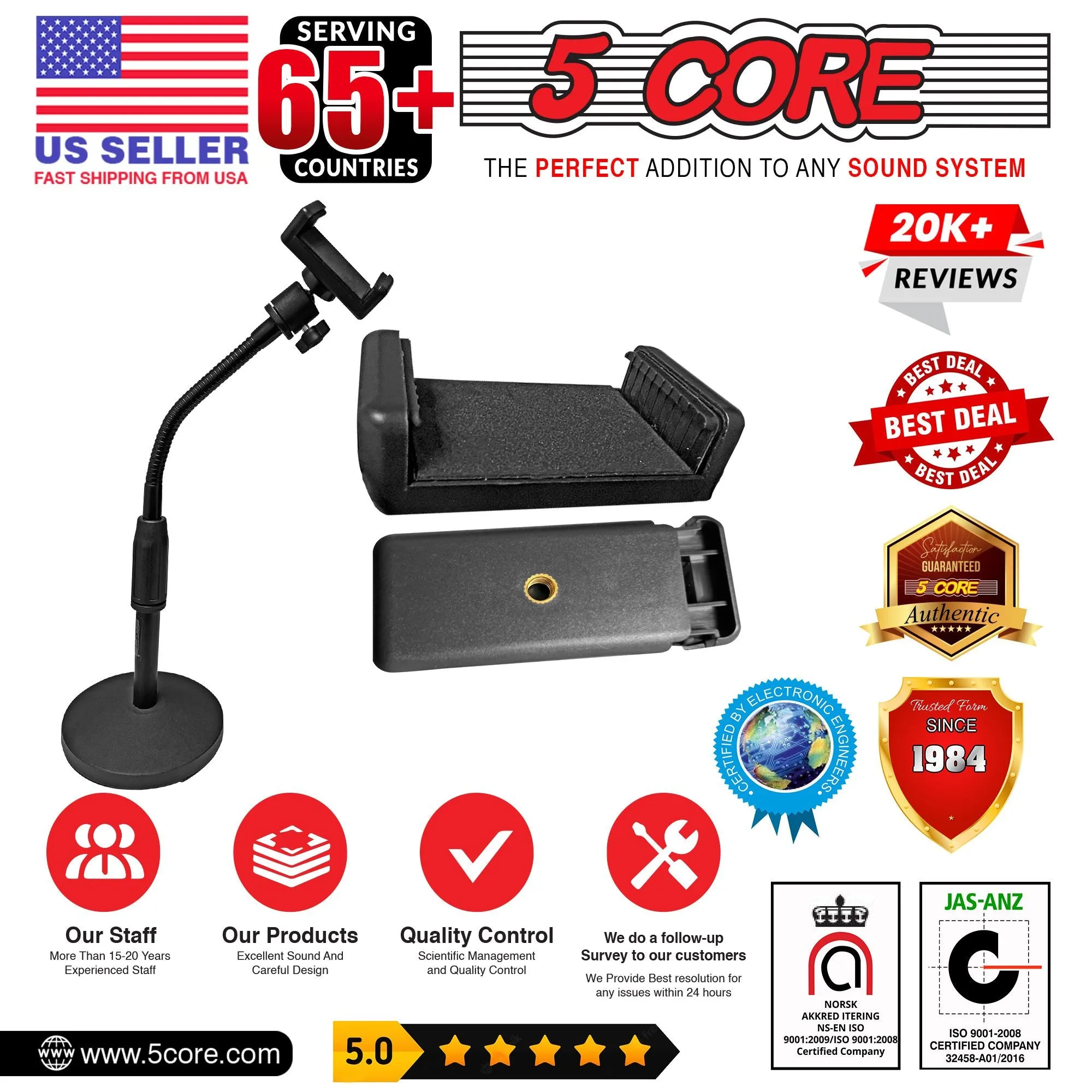 5 Core Gooseneck Phone Holder Stand for Desk Table Flexible Arm with Anti-Skid Round Base, Cell Phones Mount Clamp Compatible with All Smart Phones RBS MOB
