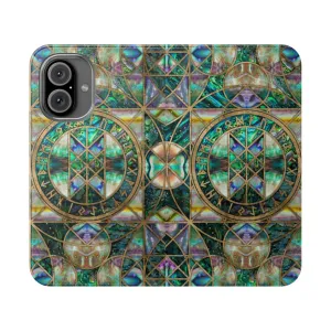 Abalone Shell Flip Cover Phone Case with Norse Symbols and Runes