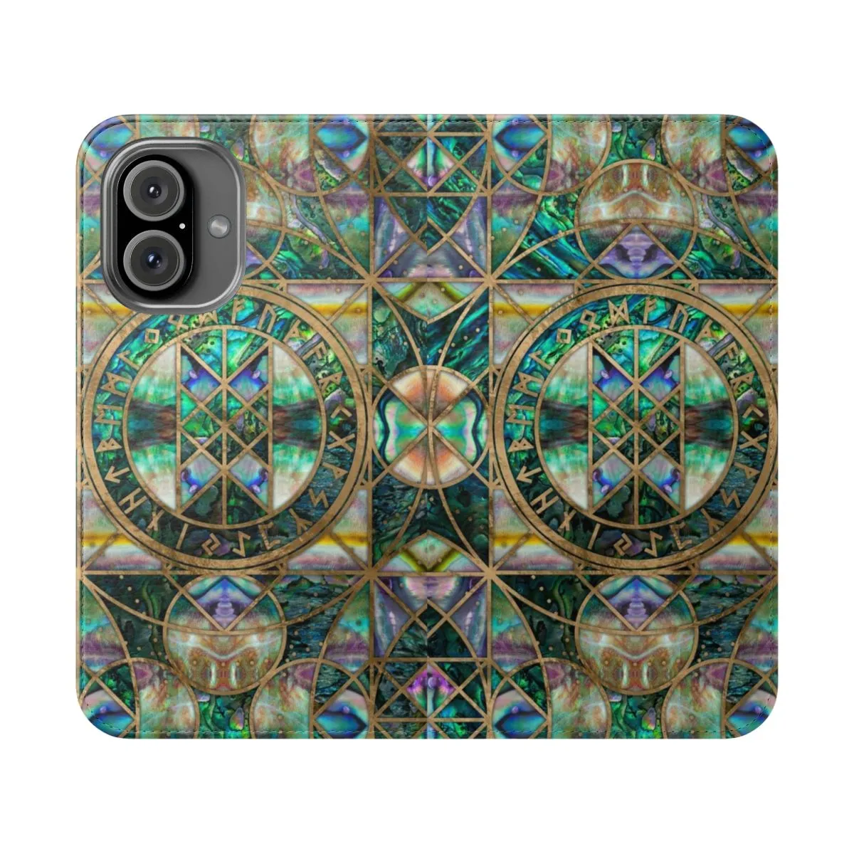 Abalone Shell Flip Cover Phone Case with Norse Symbols and Runes
