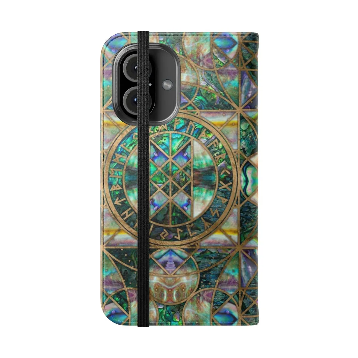 Abalone Shell Flip Cover Phone Case with Norse Symbols and Runes