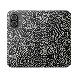 Aboriginal-Inspired Flip Cover Phone Case - Black & White Dotwork Design