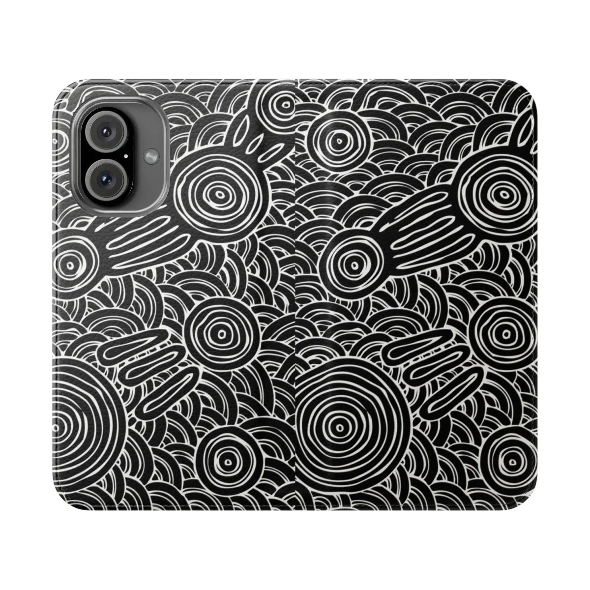 Aboriginal-Inspired Flip Cover Phone Case - Black & White Dotwork Design