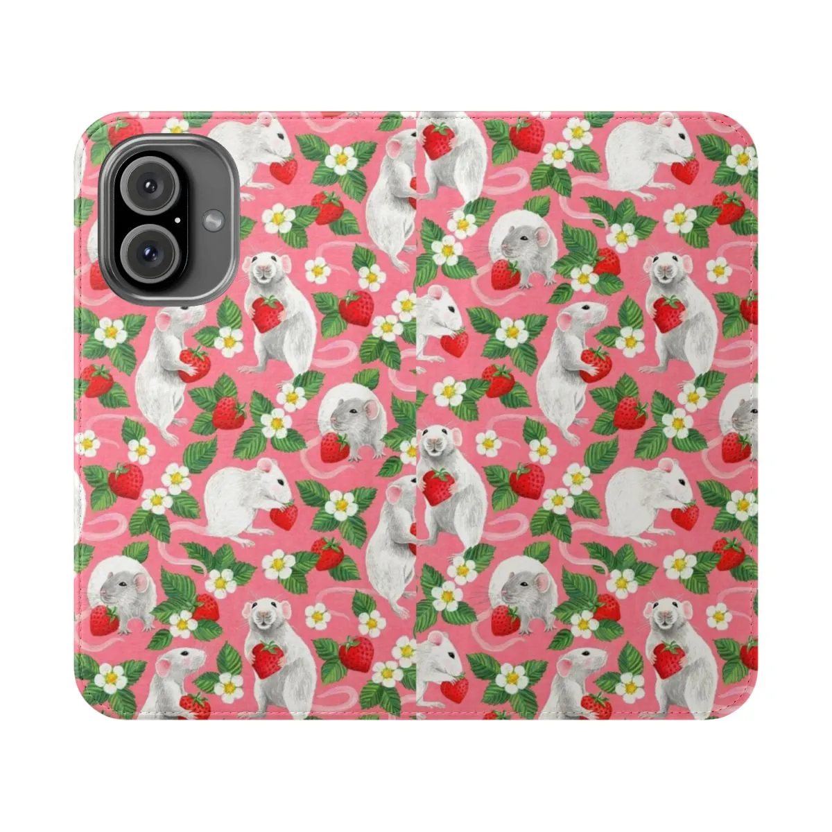 Adorable Rats & Strawberry Pattern Flip Cover Phone Case