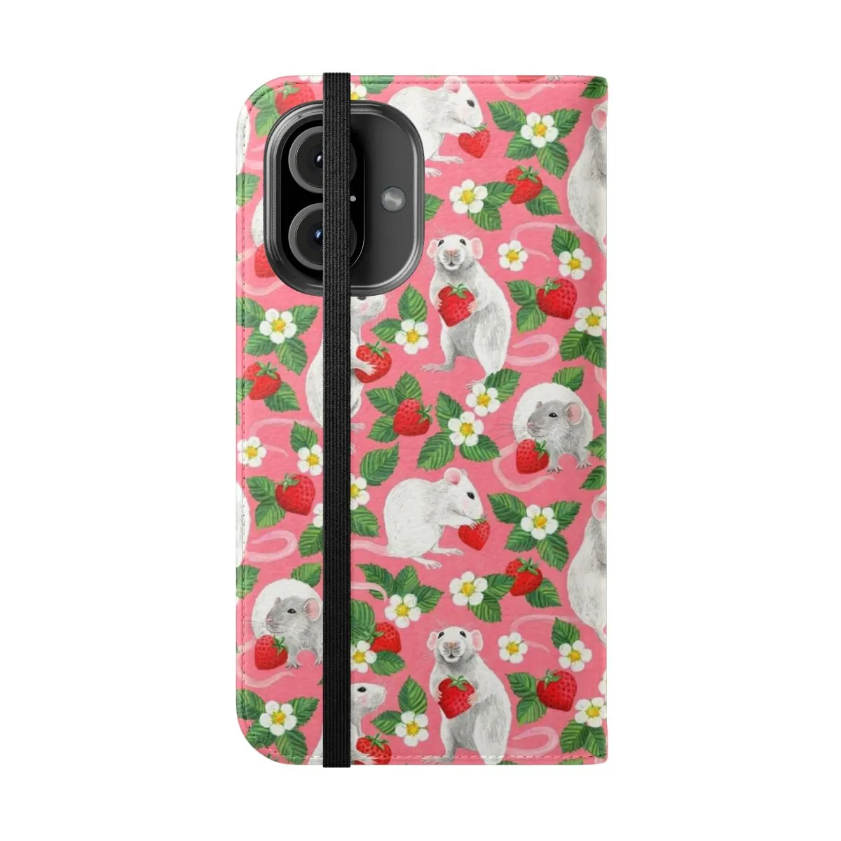 Adorable Rats & Strawberry Pattern Flip Cover Phone Case