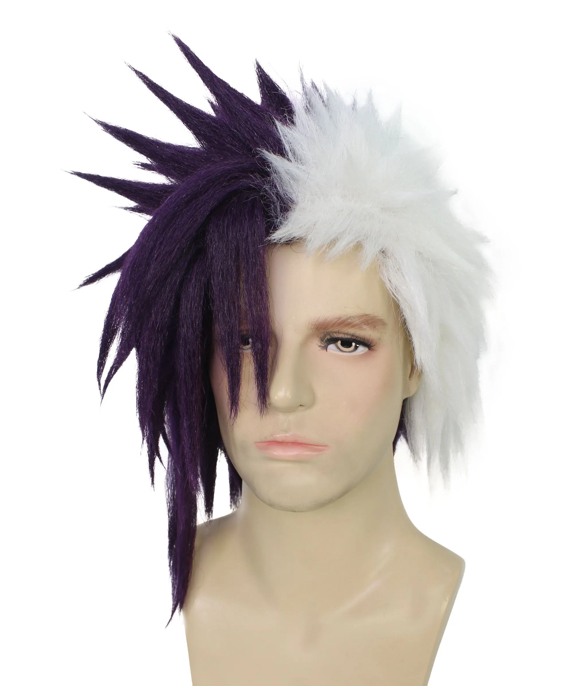 Adult Men's Half Purple & White Japanese Anime Halloween Costume Wig | Perfect for Halloween | Flame-retardant Synthetic Fiber