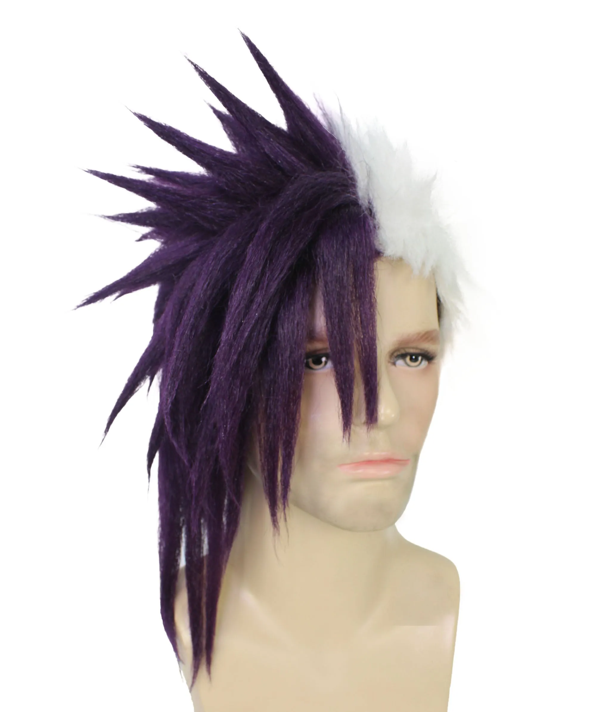 Adult Men's Half Purple & White Japanese Anime Halloween Costume Wig | Perfect for Halloween | Flame-retardant Synthetic Fiber