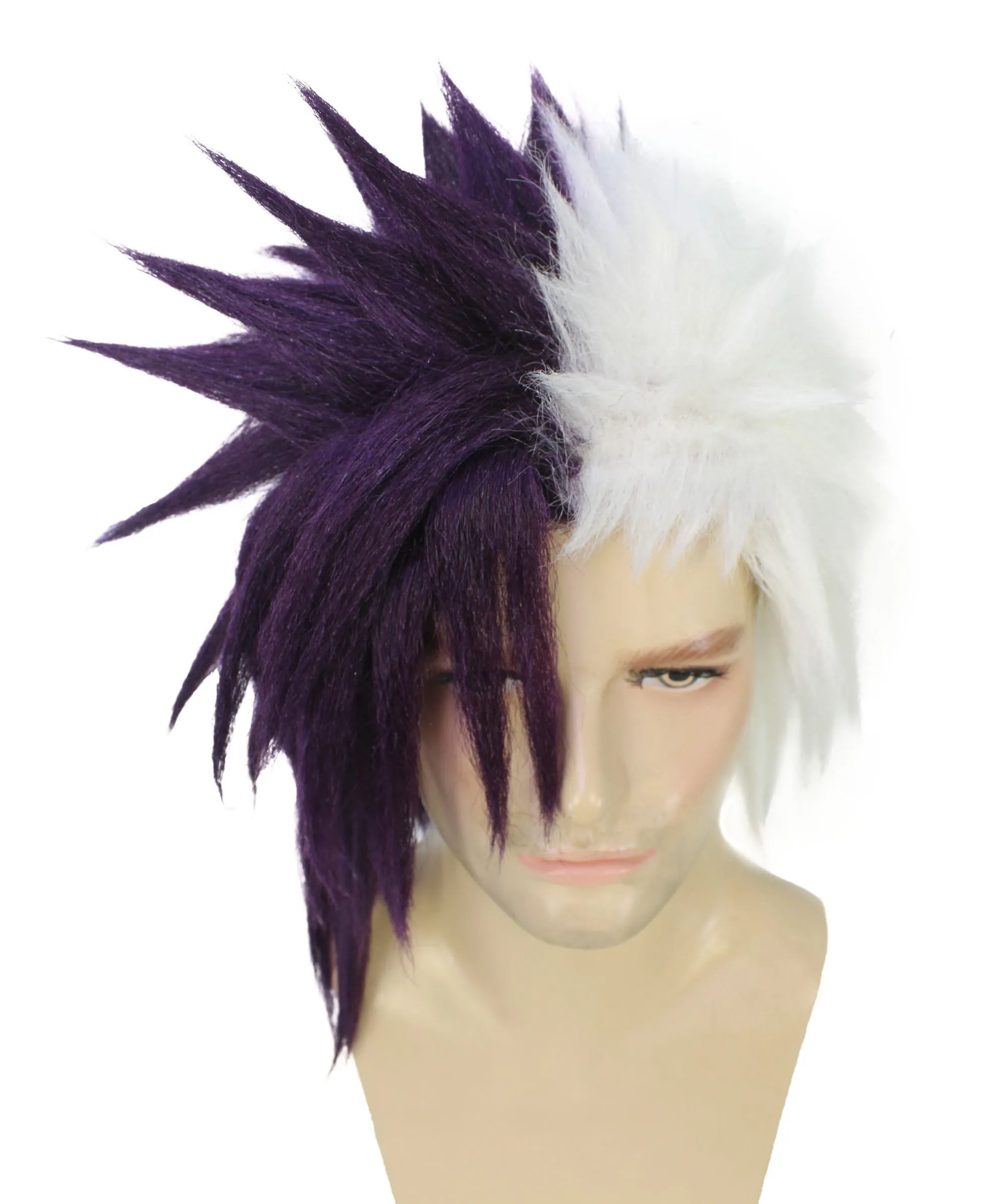 Adult Men's Half Purple & White Japanese Anime Halloween Costume Wig | Perfect for Halloween | Flame-retardant Synthetic Fiber