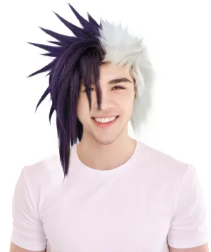 Adult Men's Half Purple & White Japanese Anime Halloween Costume Wig | Perfect for Halloween | Flame-retardant Synthetic Fiber