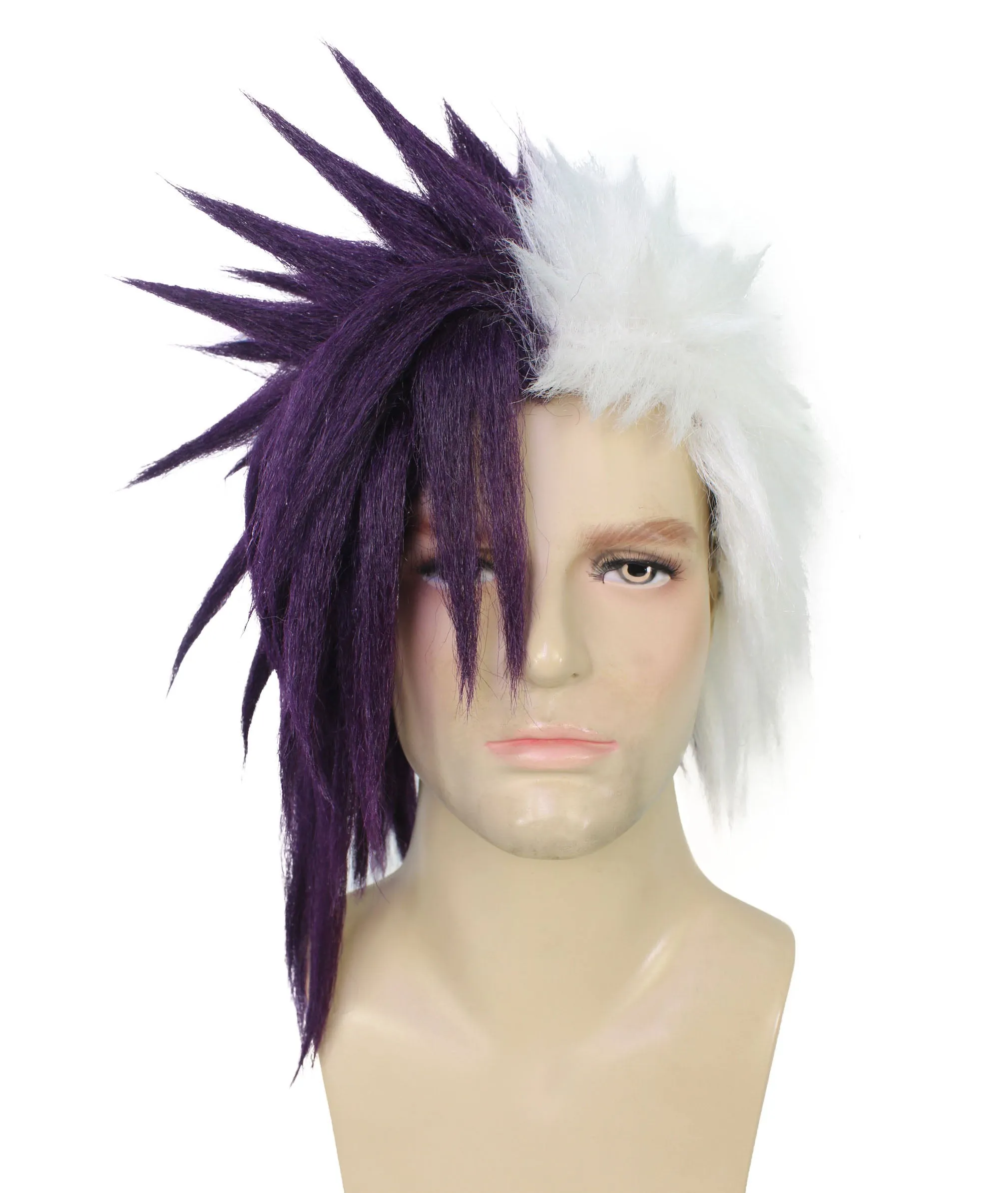 Adult Men's Half Purple & White Japanese Anime Halloween Costume Wig | Perfect for Halloween | Flame-retardant Synthetic Fiber