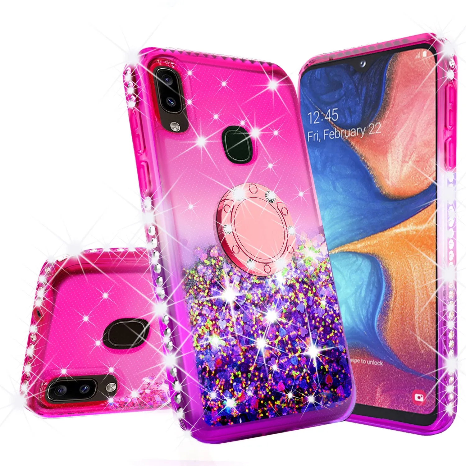 Alcatel 3V (2019) Case, Ring Stand Liquid Floating Quicksand Bling Sparkle Protective Girls Women for Alcatel 3V (2019) W/Tempered Glass - (Hot Pink/Purple Gradient)