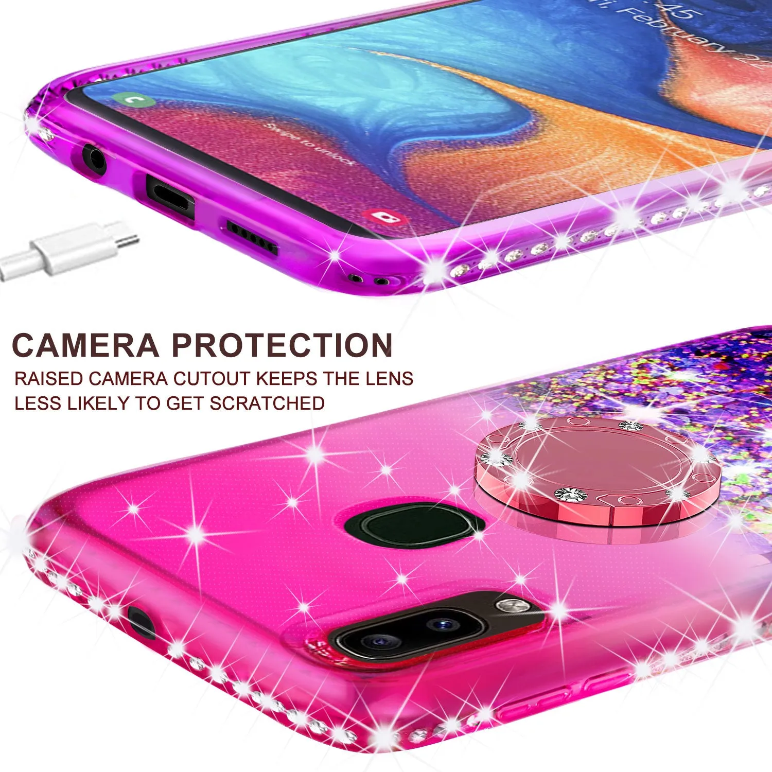 Alcatel 3V (2019) Case, Ring Stand Liquid Floating Quicksand Bling Sparkle Protective Girls Women for Alcatel 3V (2019) W/Tempered Glass - (Hot Pink/Purple Gradient)