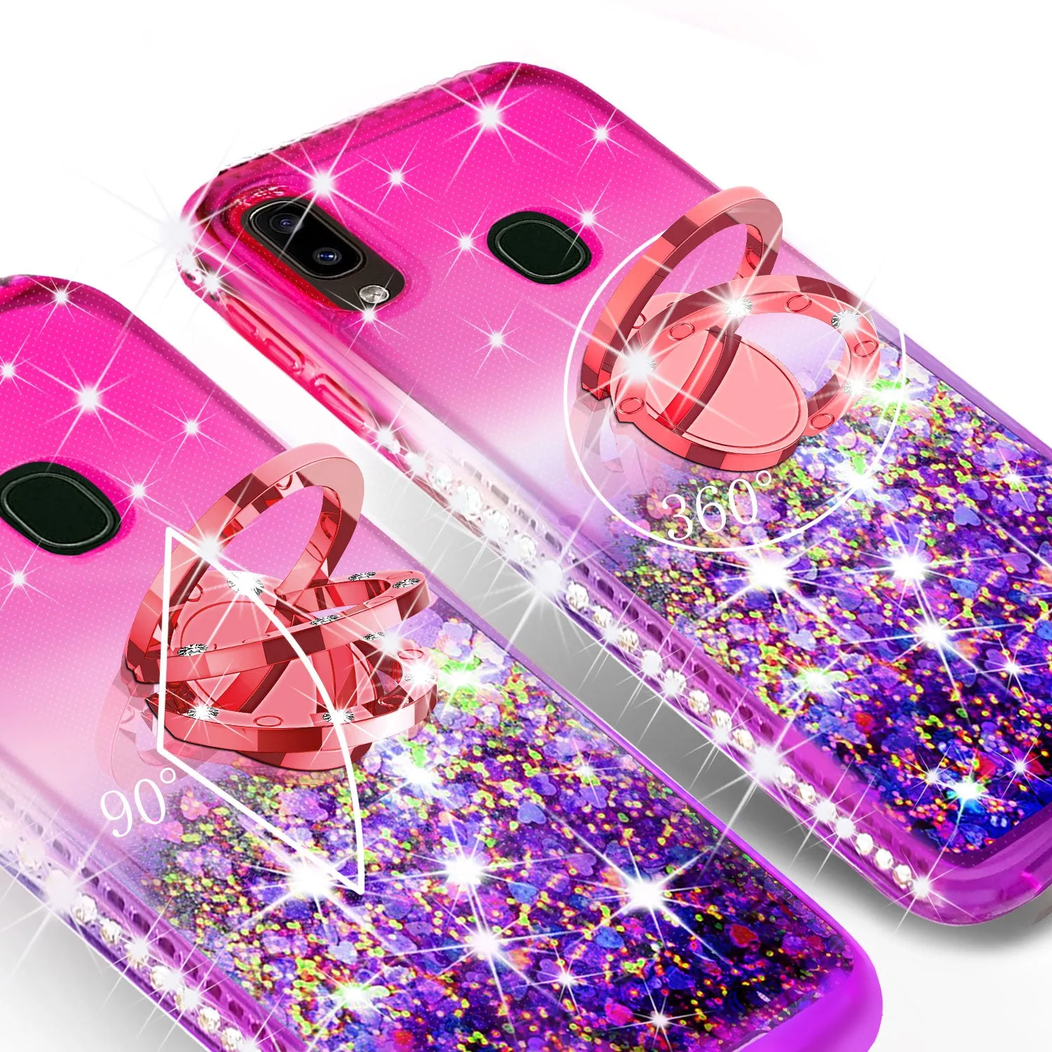 Alcatel 3V (2019) Case, Ring Stand Liquid Floating Quicksand Bling Sparkle Protective Girls Women for Alcatel 3V (2019) W/Tempered Glass - (Hot Pink/Purple Gradient)
