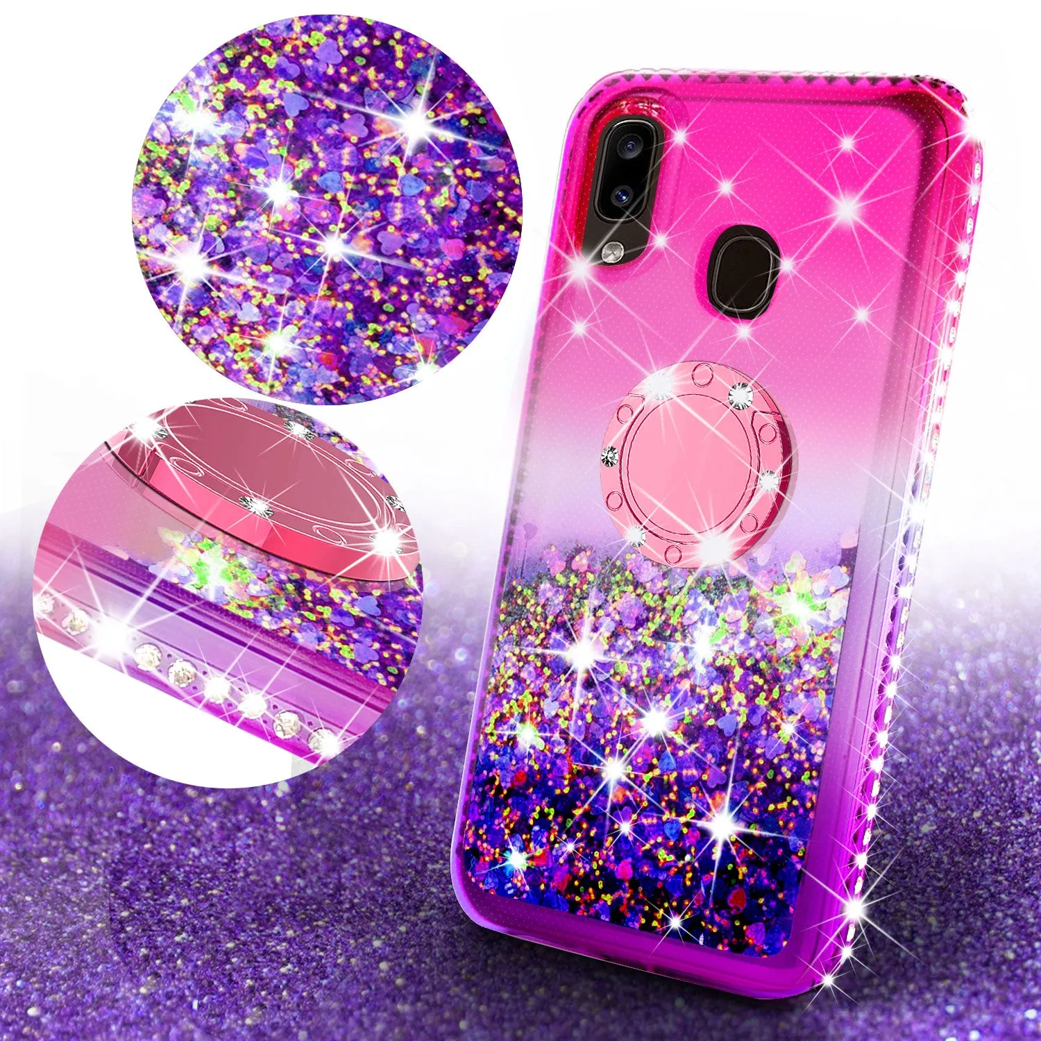Alcatel 3V (2019) Case, Ring Stand Liquid Floating Quicksand Bling Sparkle Protective Girls Women for Alcatel 3V (2019) W/Tempered Glass - (Hot Pink/Purple Gradient)