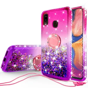 Alcatel 3V (2019) Case, Ring Stand Liquid Floating Quicksand Bling Sparkle Protective Girls Women for Alcatel 3V (2019) W/Tempered Glass - (Hot Pink/Purple Gradient)