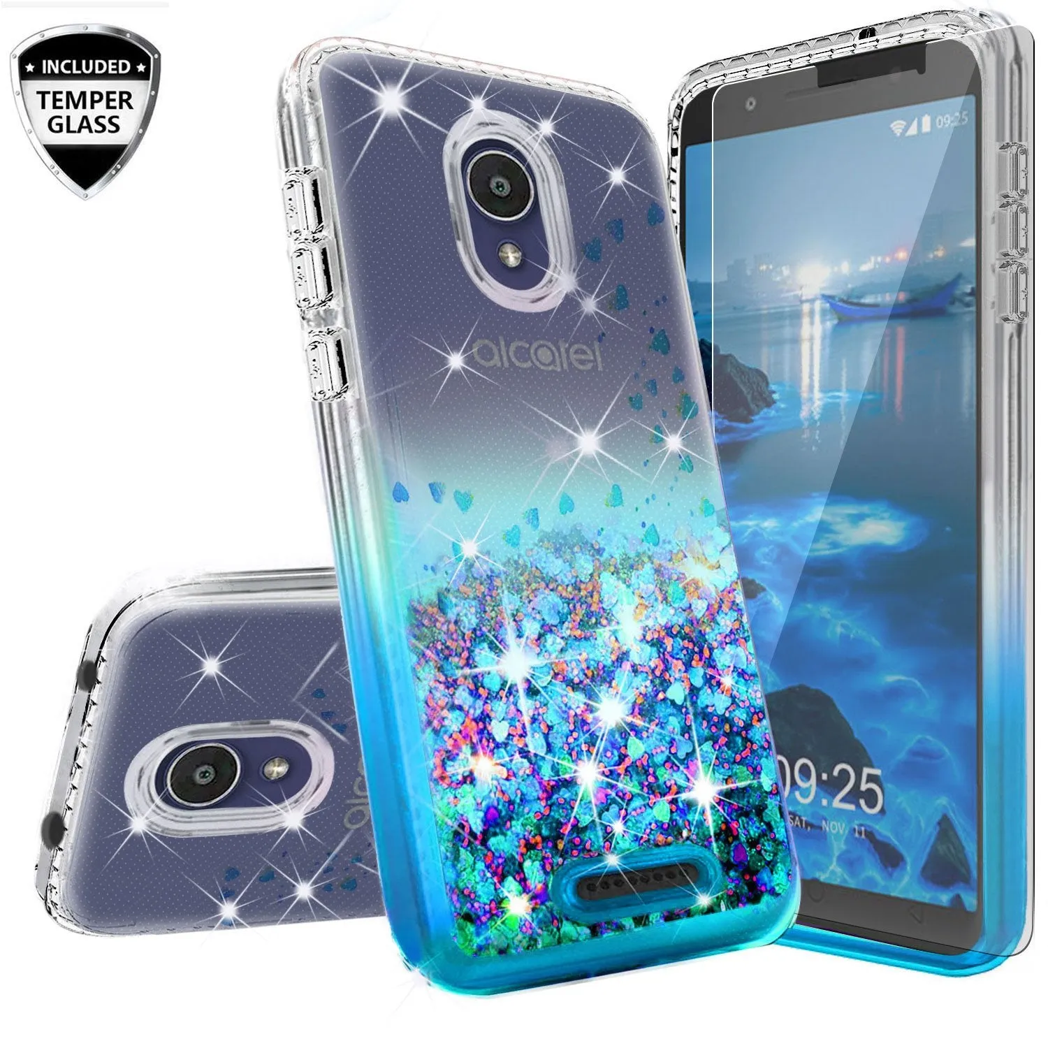 Alcatel Insight Case Liquid Glitter Phone Case Waterfall Floating Quicksand Bling Sparkle Cute Protective Girls Women Cover for Alcatel Insight W/Temper Glass - Teal
