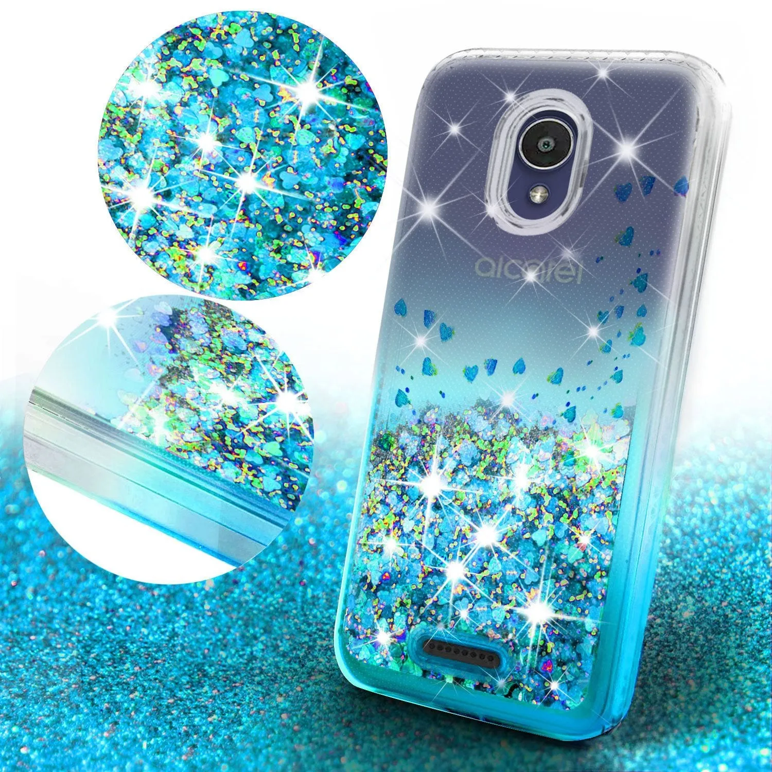 Alcatel Insight Case Liquid Glitter Phone Case Waterfall Floating Quicksand Bling Sparkle Cute Protective Girls Women Cover for Alcatel Insight W/Temper Glass - Teal