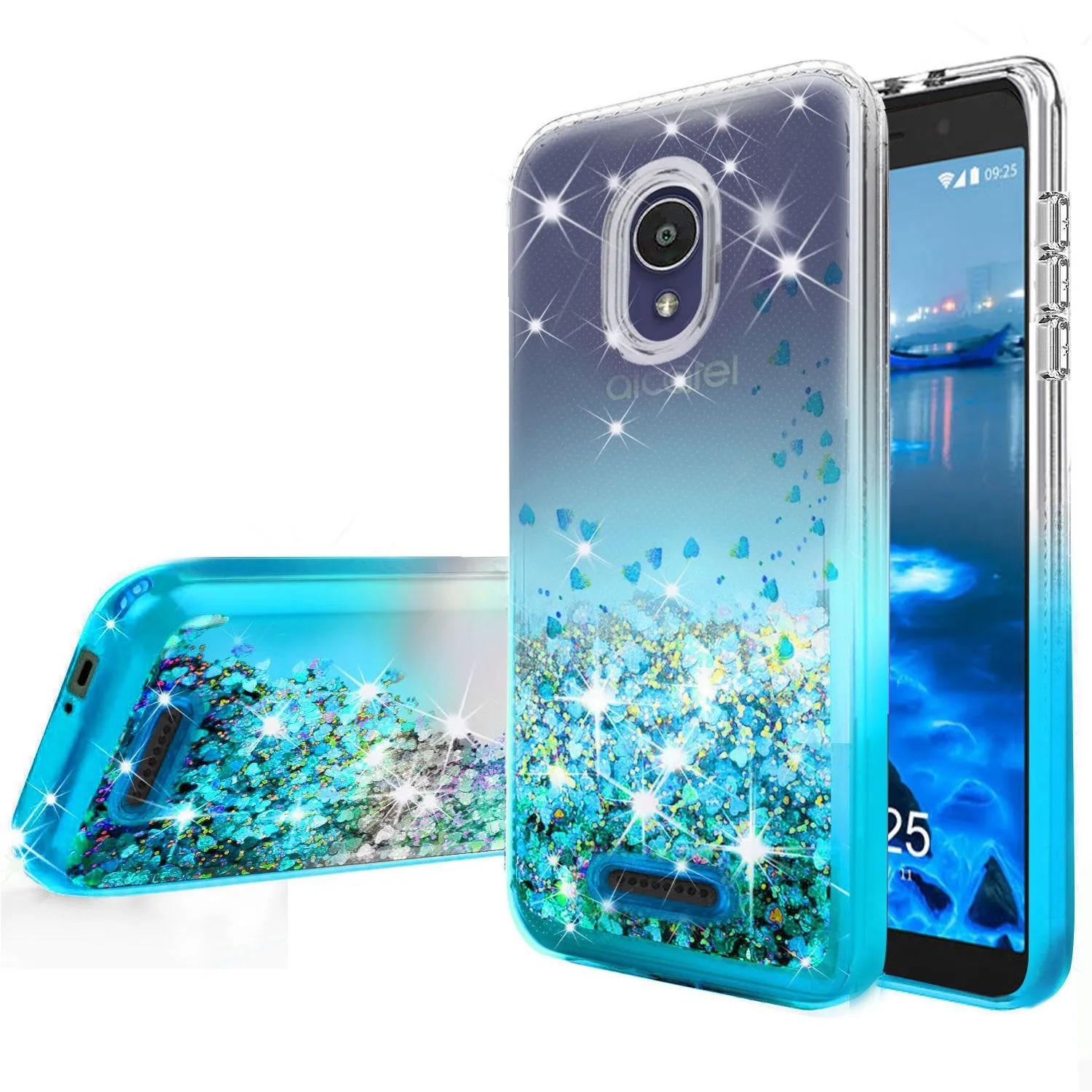 Alcatel Insight Case Liquid Glitter Phone Case Waterfall Floating Quicksand Bling Sparkle Cute Protective Girls Women Cover for Alcatel Insight W/Temper Glass - Teal