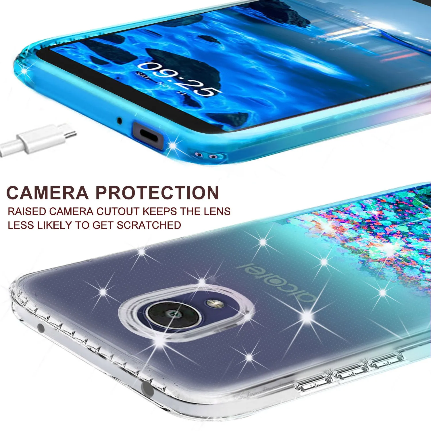 Alcatel Insight Case Liquid Glitter Phone Case Waterfall Floating Quicksand Bling Sparkle Cute Protective Girls Women Cover for Alcatel Insight W/Temper Glass - Teal